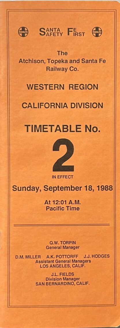 ATSF Ry Employe Timetable No.2 Western Region/California Division Sept 18, 1988