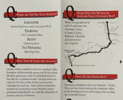 METROLINK Inaugural Service (timetable) to Antelope Valley, Jan 1994 - Image 2